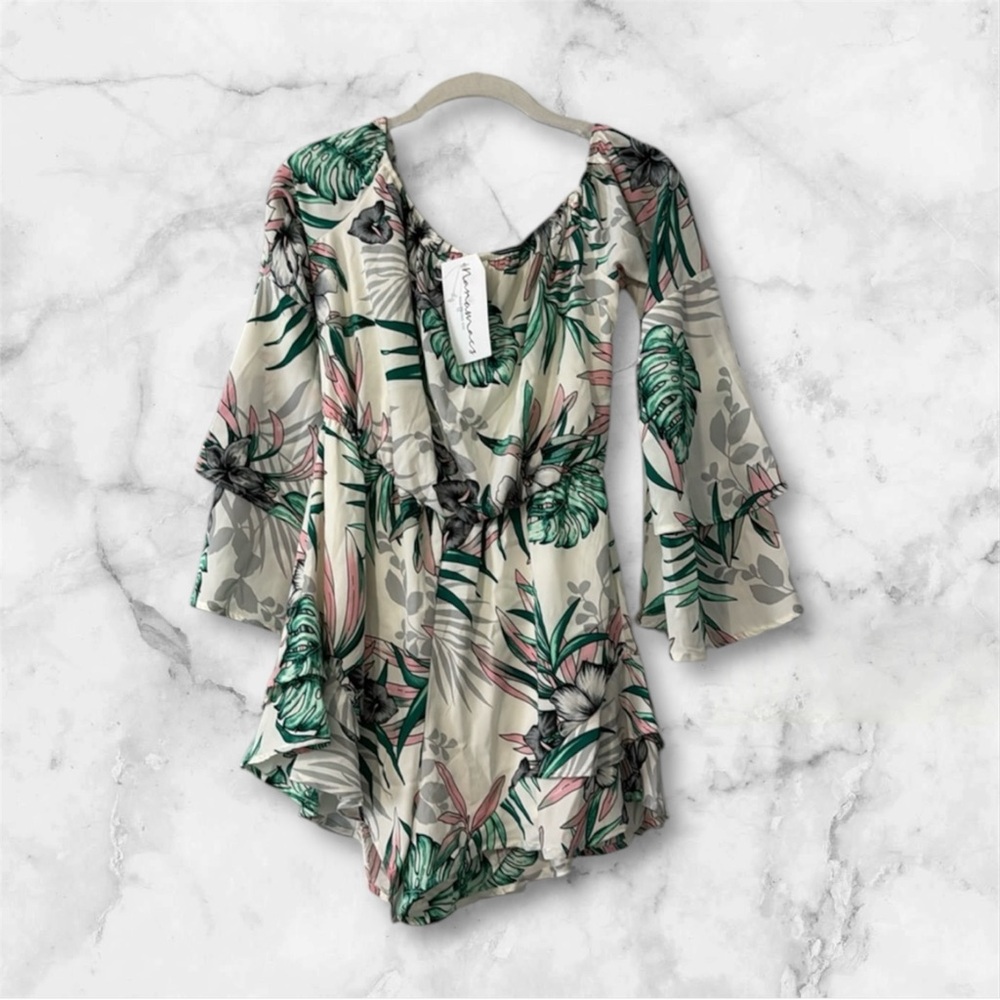 NanaMacs Jet To The Tropics Romper (Ivory/Green Multi) SMALL - Picture 5 of 9